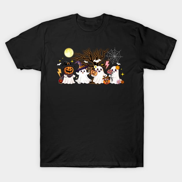 Hippie Halloween Cute Ghost Boo Spooky Season Pumpkin Women T-Shirt by Sky at night